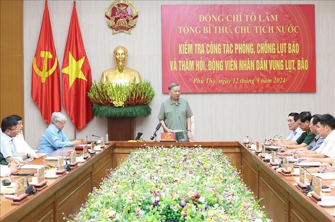 Tổng Bí thư, Chủ tịch nước Tô Lâm phát biểu tại cuộc làm việc với Ban Thường vụ Tỉnh ủy Phú Thọ.