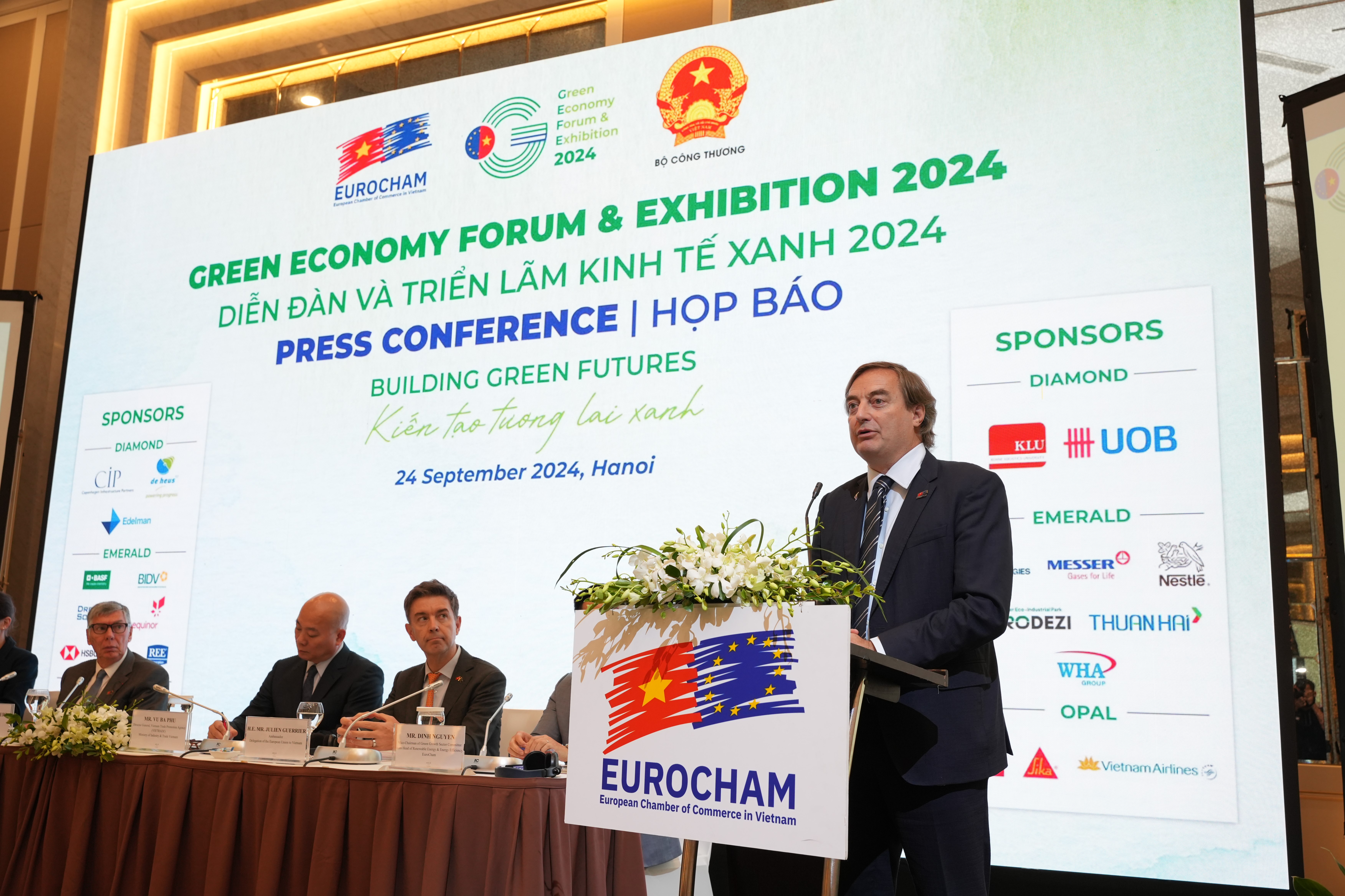 Bruno Jaspaert, new Chairman of EuroCham Vietnam delivers remarks at the press conference on September 24.