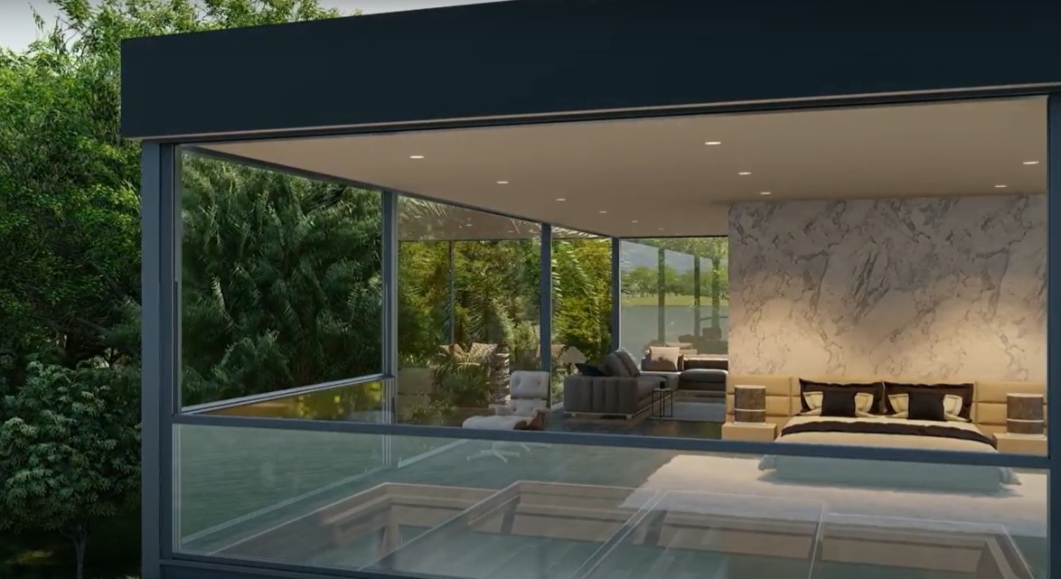 Không gian phòng ngủ thoáng đãng, xanh mát nhờ thiết kế hệ vách kính trượt dọc tự động.