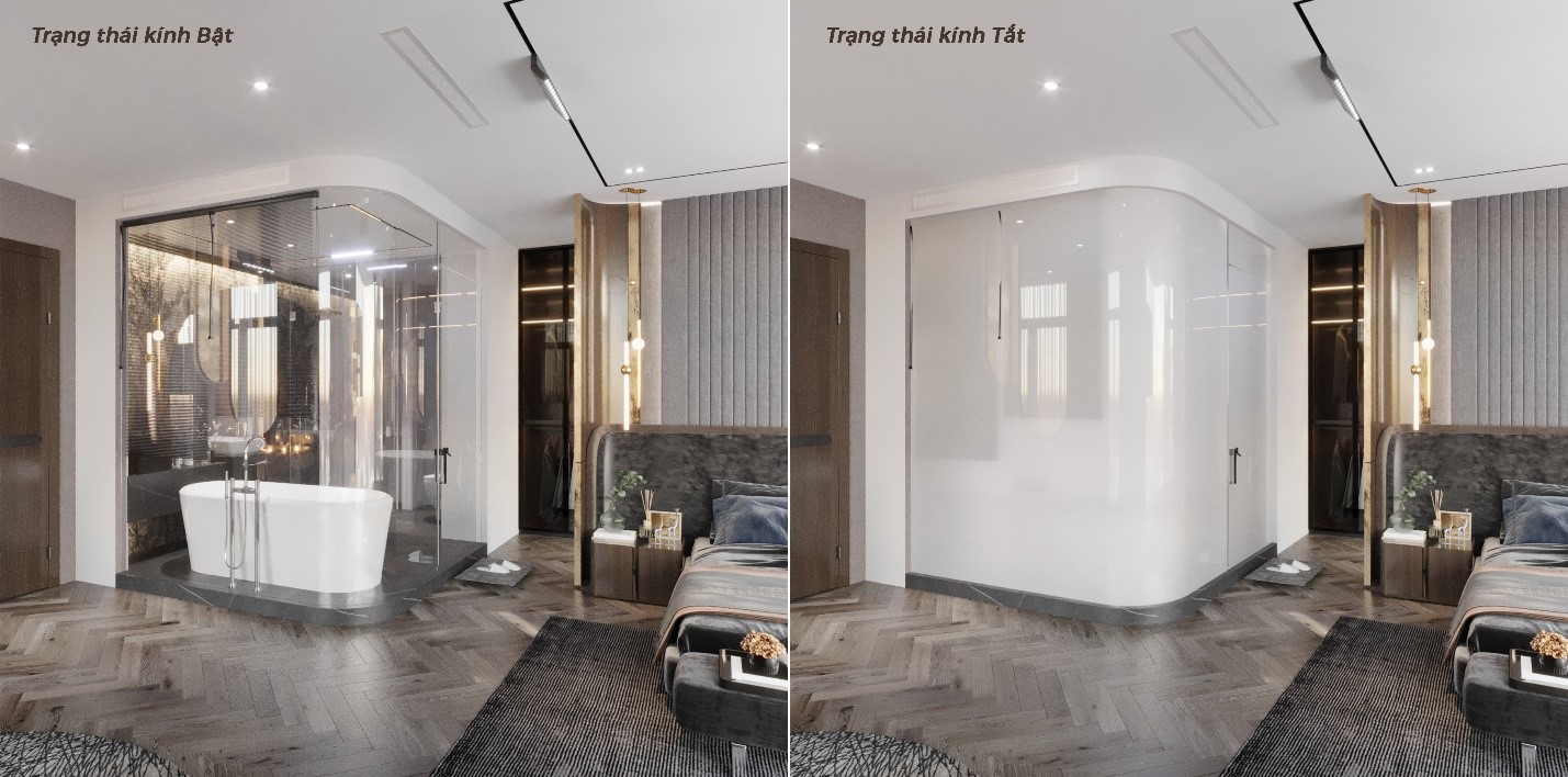 Ứng dụng kính điện đổi màu thông minh trong thiết kế phòng tắm hiện đại cạnh phòng ngủ.