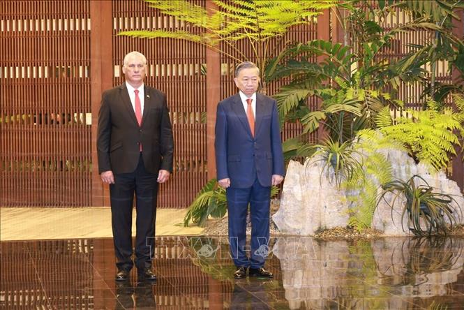 Tổng Bí thư, Chủ tịch nước Tô Lâm và Bí thư thứ nhất Đảng Cộng sản Cuba, Chủ tịch Cuba Miguel Diaz Canel Bermudez thực hiện nghi lễ chào cờ - Ảnh: TTXVN