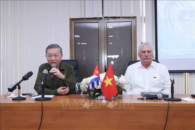 Tổng Bí thư, Chủ tịch nước Tô Lâm phát biểu tại cuộc gặp gỡ các nhà đầu tư vào Đặc khu phát triển Mariel, trong đó có doanh nghiệp Việt Nam - Ảnh: TTXVN