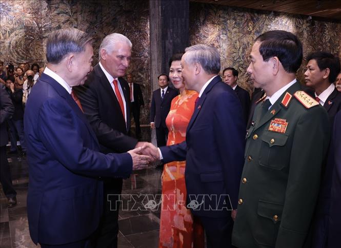 Tổng Bí thư, Chủ tịch nước Tô Lâm giới thiệu với Bí thư thứ nhất Đảng Cộng sản Cuba, Chủ tịch Cuba Miguel Diaz Canel Bermudez các thành viên Đoàn cấp cao Việt Nam - Ảnh: TTXVN