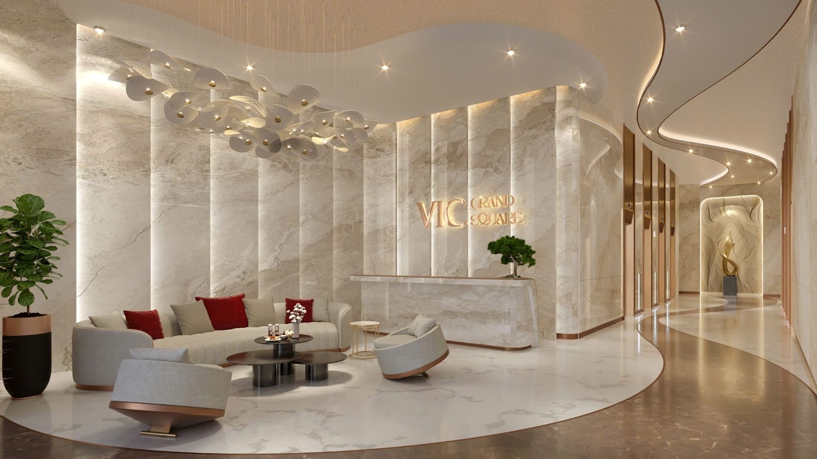 Sảnh chờ thang máy cao cấp tại căn hộ VIC Grand Square tiêu chuẩn chuyên gia.