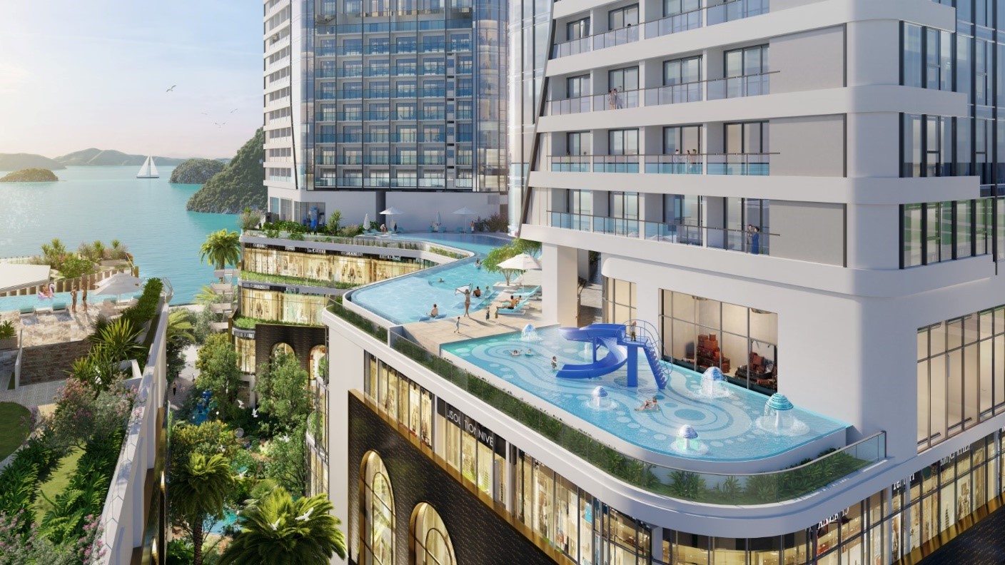 Hệ thống hồ bơi vô cực và bể bơi bốn mùa ôm trọn view vịnh Bái Tử Long.