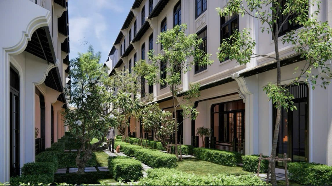 Ý tưởng phối cảnh trang trí cây xanh Mặt sau các dãy nhà liền kề của The Heritage Tân Thanh. Ngoài khoảng lùi rộng, giúp các dãy liền kề vừa đáp ứng tiêu chính thuận tiện kinh doanh, vừa đảm bảo những khoảng xanh thư giãn cho cư dân.