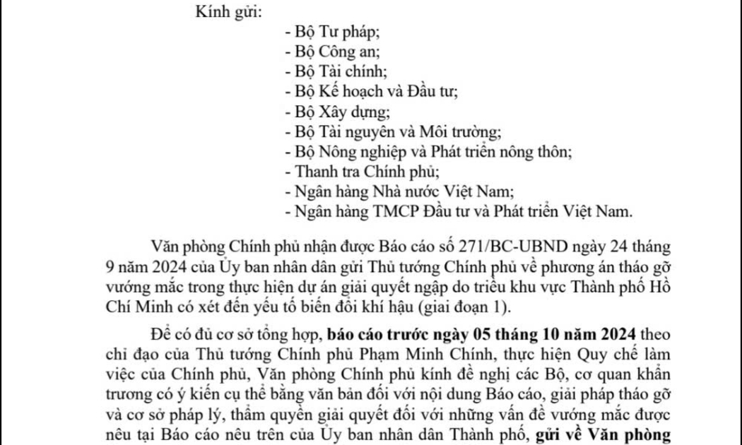 Văn phòng Chính phủ gửi công văn hỏa tốc đến các bộ, ngành yêu cầu phản hồi gấp báo cáo và kiến nghị của Chủ tịch UBND TP.HCM về giải pháp tháo gỡ dự án chống ngập 10.000 tỷ đồng.