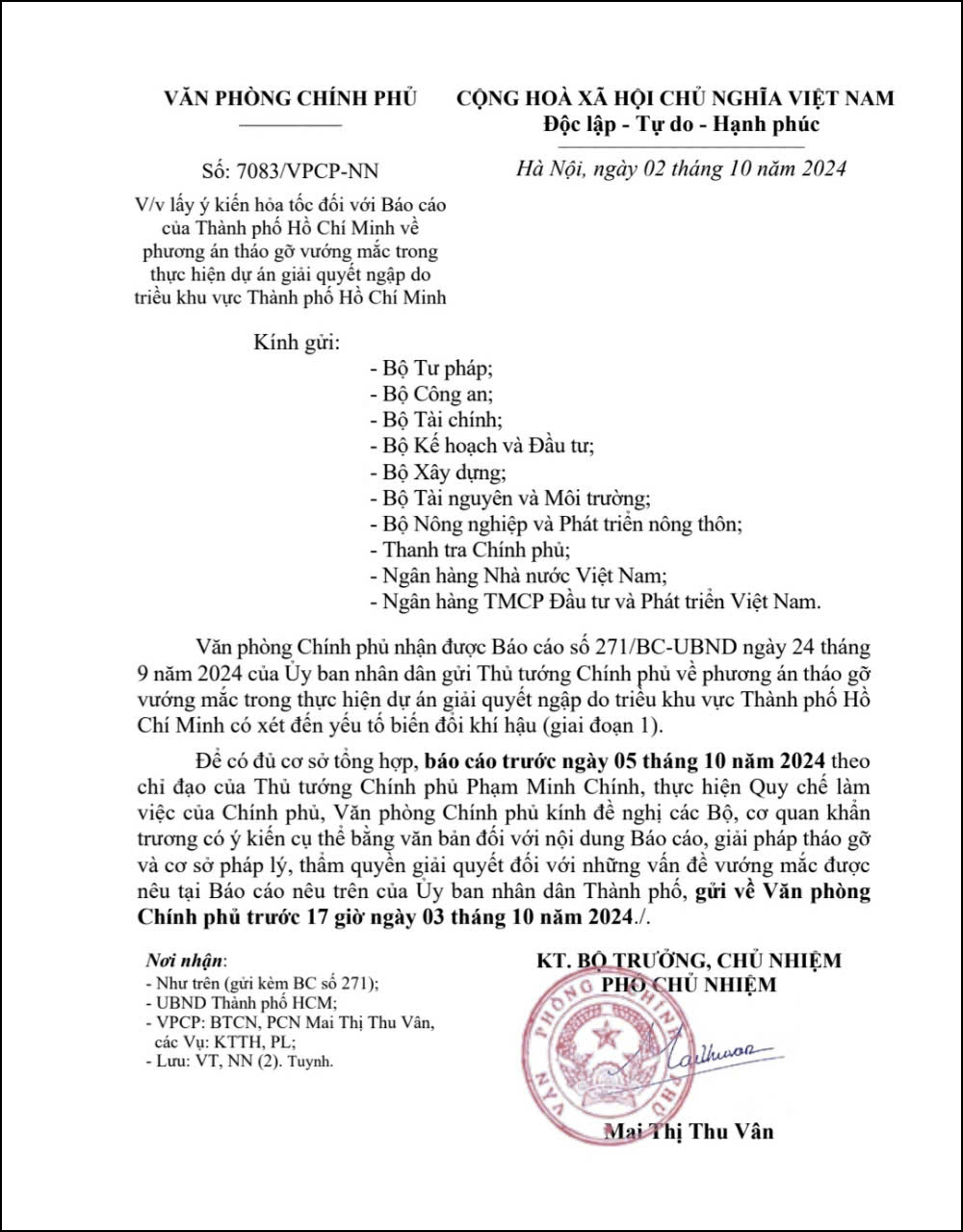 Văn phòng Chính phủ gửi công văn hỏa tốc đến các bộ, ngành yêu cầu phản hồi gấp báo cáo và kiến nghị của Chủ tịch UBND TP.HCM về giải pháp tháo gỡ dự án chống ngập 10.000 tỷ đồng.