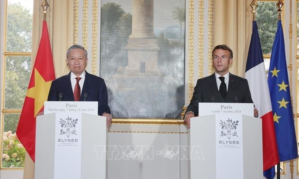 Tổng Bí thư, Chủ tịch nước Tô Lâm và Tổng thống Pháp Emmanuel Macron tại cuộc họp báo chung trước hội đàm chiều 7/10/2024 - Ảnh: TTXVN