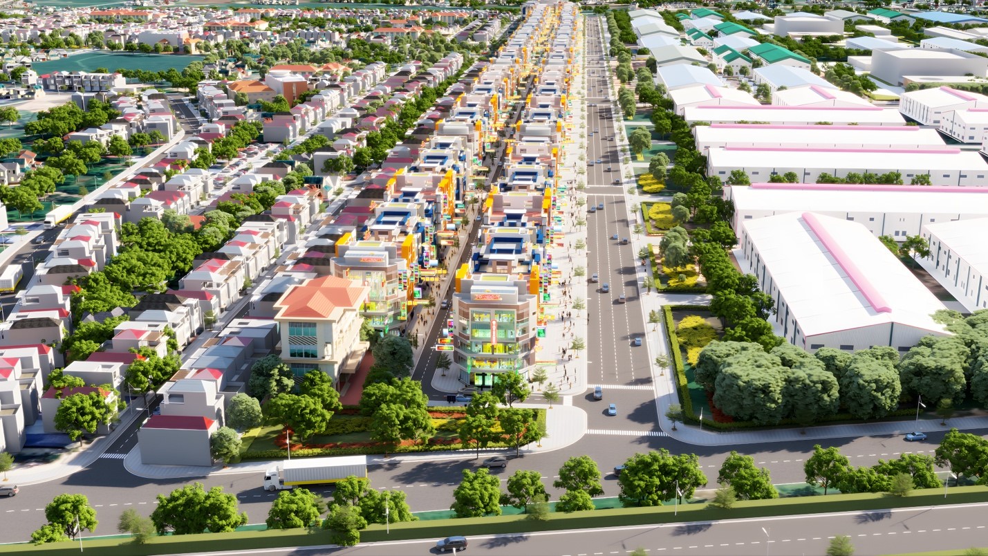 Đất nền shophouse có vị trí đắc địa với 2 mặt tiền làn 1 rộng 21,5m - làn 2 rộng 15,5m.