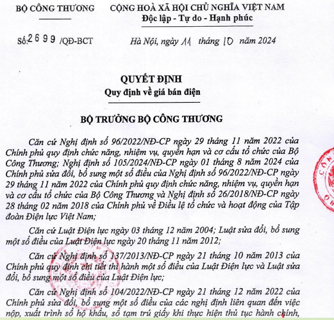 Quyết định số 2699/QĐ-BCT ngày 11/10/2024 của Bộ Công Thương quy định về giá bán điện.