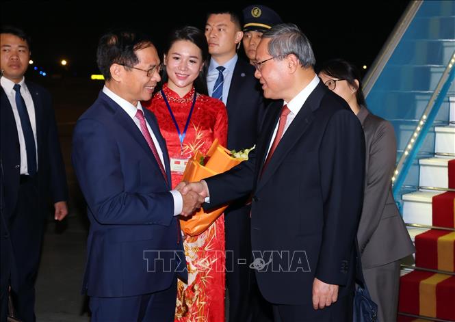 Phó Thủ tướng, Bộ trưởng Ngoại giao Bùi Thanh Sơn đón Thủ tướng Trung Quốc Lý Cường tại Sân bay Quốc tế Nội Bài, Hà Nội - Ảnh: TTXVN.