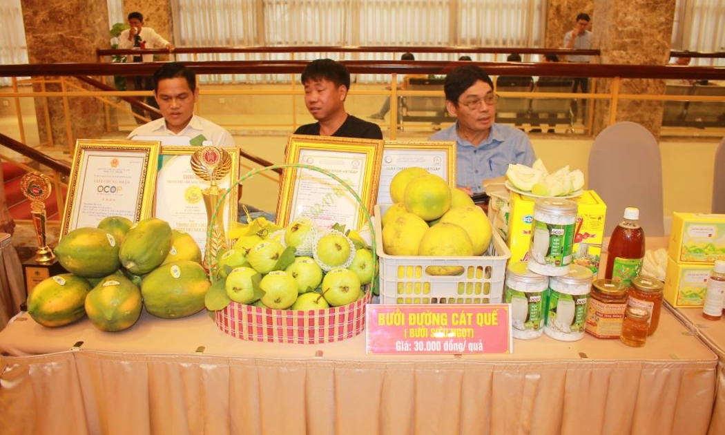 Một số nông sản OCOP trưng bày bên lề Diễn đàn Nông dân. Ảnh: Chu Khôi.