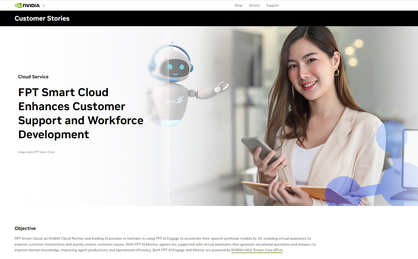 Giải pháp AI của FPT Smart Cloud được quảng bá trên trang chính thức của NVIDIA (Ảnh: NVIDIA).