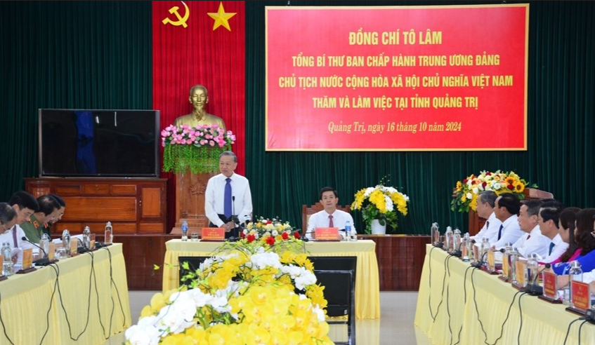 Tổng Bí thư, Chủ tịch nước Tô Lâm làm việc với Ban Thường vụ Tỉnh ủy Quảng Trị. Ảnh Phạm Kiên