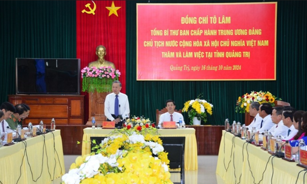 Tổng Bí thư, Chủ tịch nước Tô Lâm làm việc với Ban Thường vụ Tỉnh ủy Quảng Trị. Ảnh Phạm Kiên