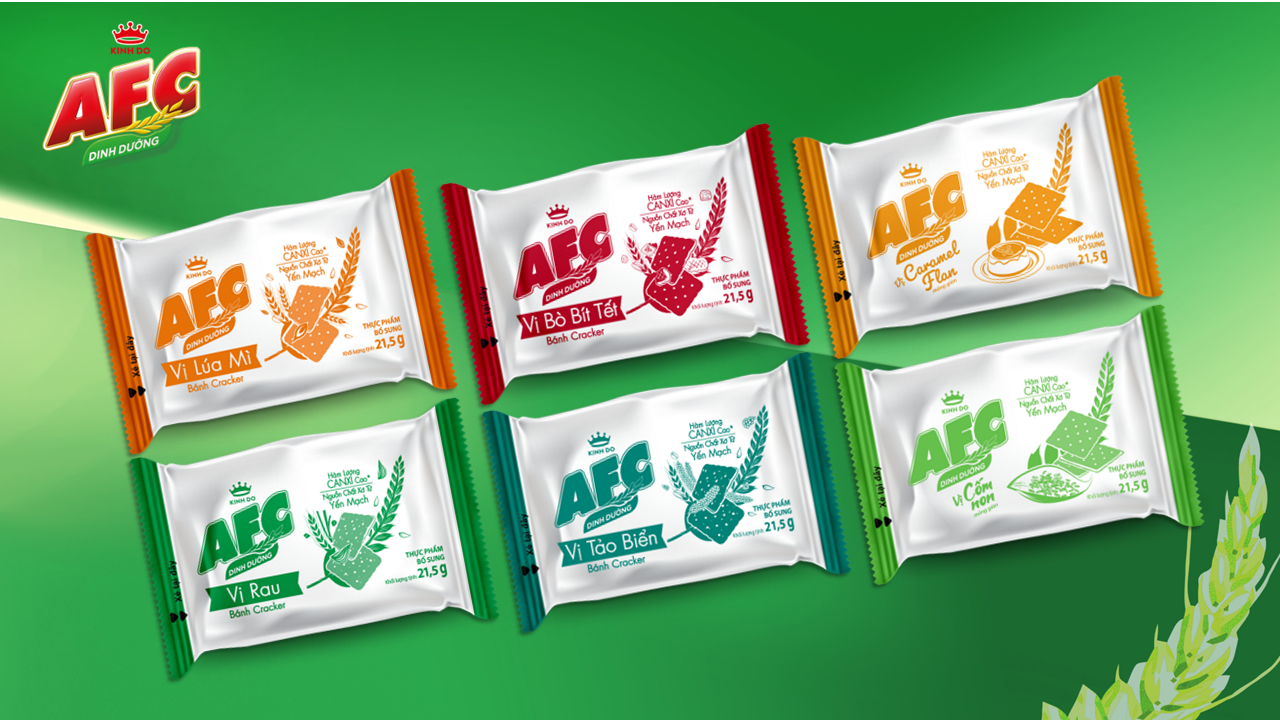 Mondelez Kinh Do's AFC crackers packaging with color ink reduction