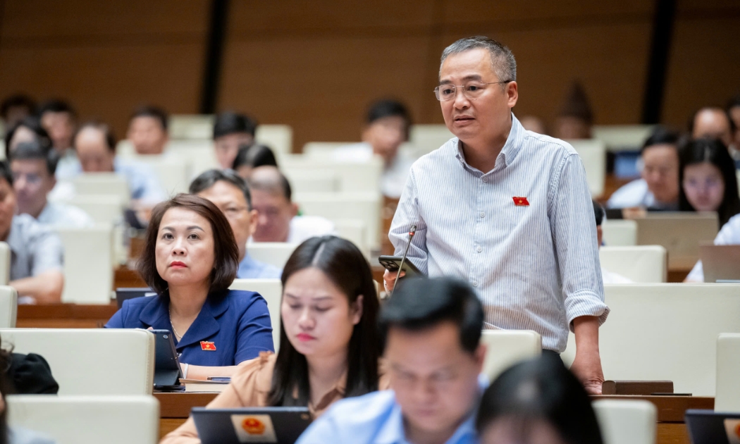 Đại biểu Nguyễn Lân Hiếu, Đoàn Bình Định đề nghị quy định chặt chẽ vấn đề bán thuốc online. Ảnh: Quochoi.vn.