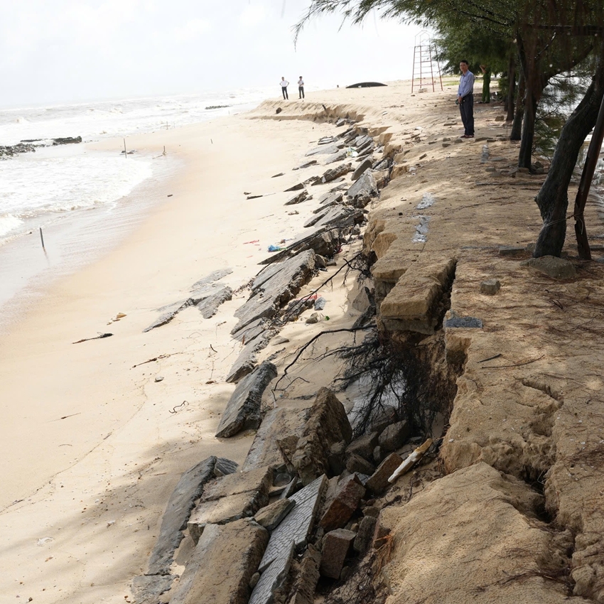 Mưa lớn k&egrave;m triều cường đ&atilde; khiến khoảng 150m bờ biển th&ocirc;n T&acirc;n An bị sạt lở nghi&ecirc;m trọng. Ảnh Phong Minh