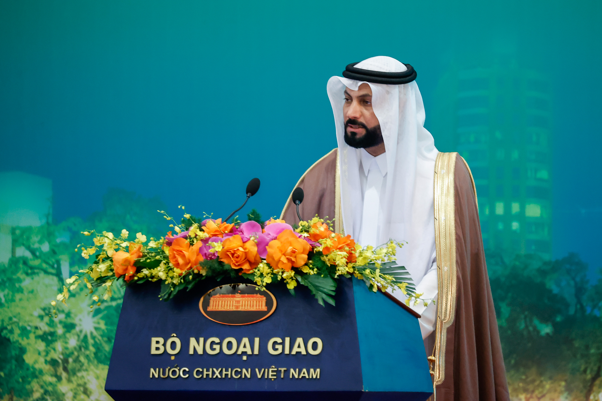 Ông Moteb Al-Mezani, Chủ tịch Trung tâm Chứng nhận Halal Hội đồng Hợp tác vùng Vịnh (GCC) phát biểu tại hội nghị. 
