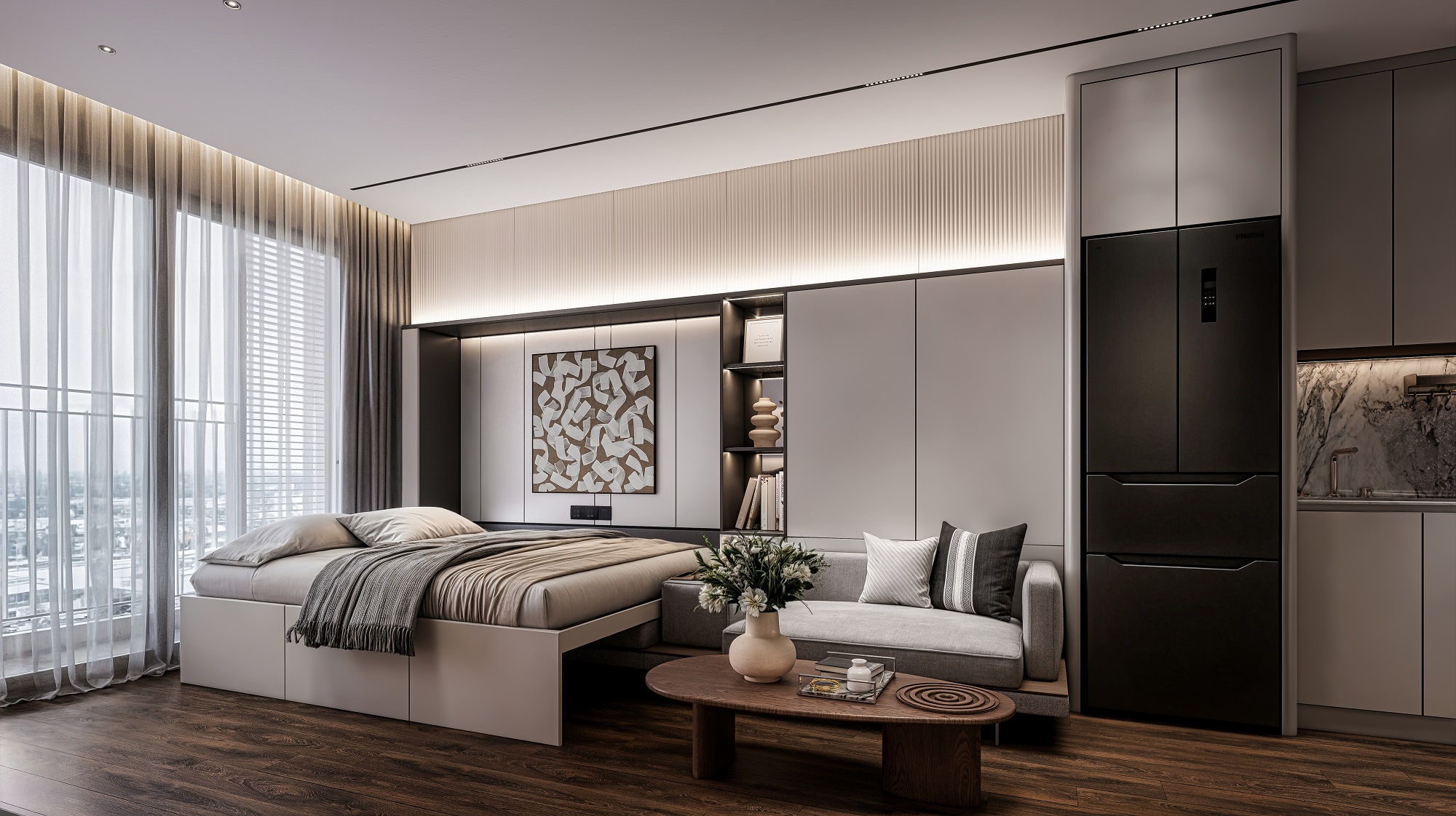 Thiết kế kh&ocirc;ng gian ph&ograve;ng ngủ v&agrave; ph&ograve;ng kh&aacute;ch liền nhau tạo n&ecirc;n sự linh hoạt v&agrave; ph&aacute; c&aacute;ch (Ảnh mẫu thiết kế căn hộ studio The Victoria).