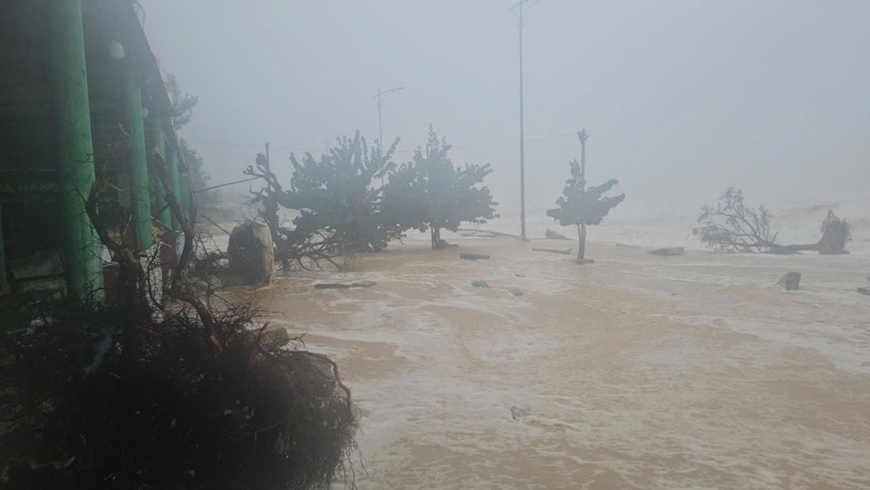 &nbsp;Nước biển tr&agrave;n qua đập H&ograve;a Du&acirc;n.