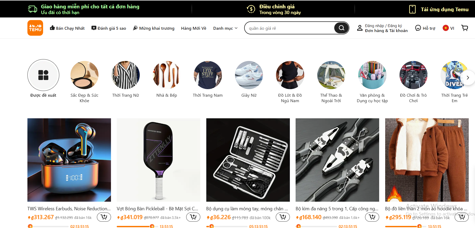 Truy cập vào trang web của Temu Việt Nam, người dùng hiện có thể thấy giao diện được thể hiện hoàn toàn bằng tiếng Việt.