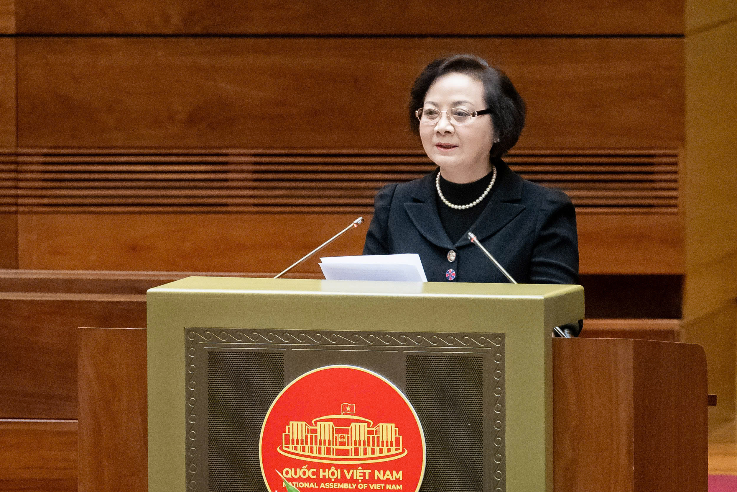 Bộ trưởng Bộ Nội vụ Phạm Thị Thanh Tr&agrave; đ&atilde; tr&igrave;nh Quốc hội dự thảo Nghị quyết về tổ chức ch&iacute;nh quyền đ&ocirc; thị tại Tp.Hải Ph&ograve;ng.