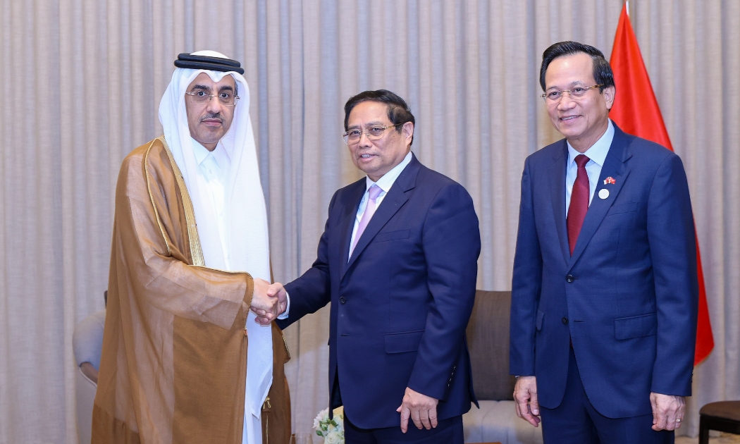 Thủ tướng Phạm Minh Chính tiếp Bộ trưởng Bộ Lao động Qatar. Bộ trưởng Bộ Lao động – Thương binh và Xã hội Đào Ngọc Dung đứng ngoài cùng bên phải - Ảnh: VGP