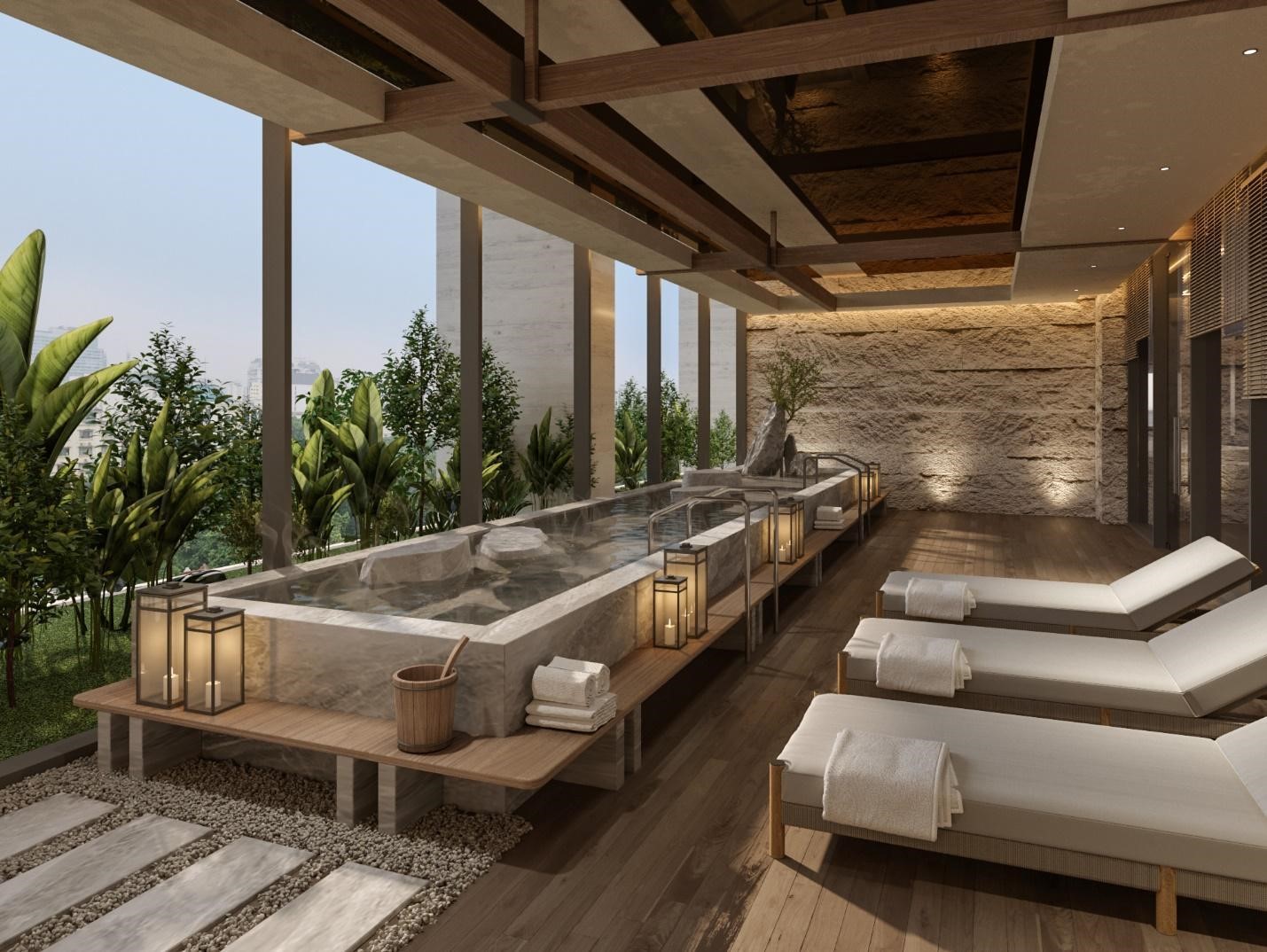 Hệ thống kho&aacute;ng n&oacute;ng Onsen được lấy cảm hứng từ những d&ograve;ng suối nước n&oacute;ng nổi tiếng của Nhật Bản. Ảnh: PL.