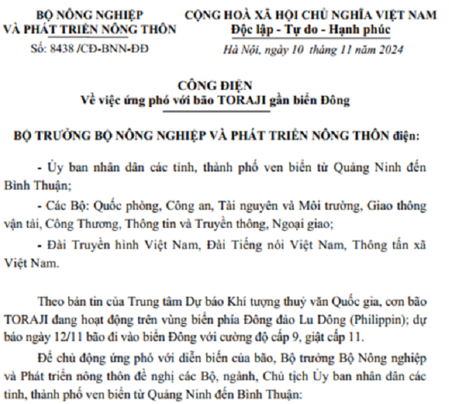 Công điện của Bộ Nông nghiệp và Phát triển nông thôn.