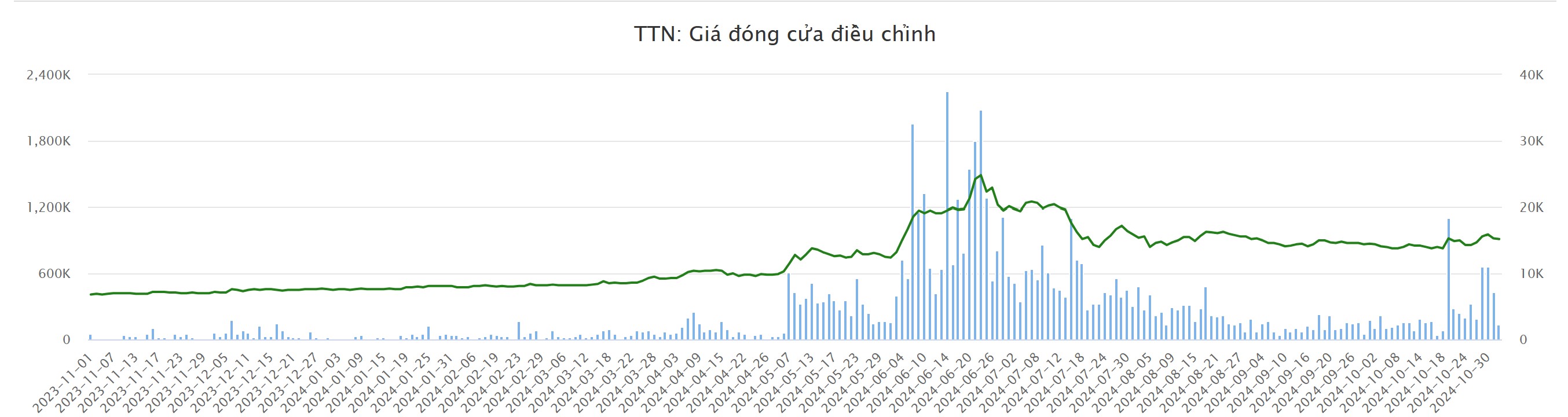 Biểu đồ giá trị cổ phiếu TTN gia tăng và ổn định trong năm 2024.