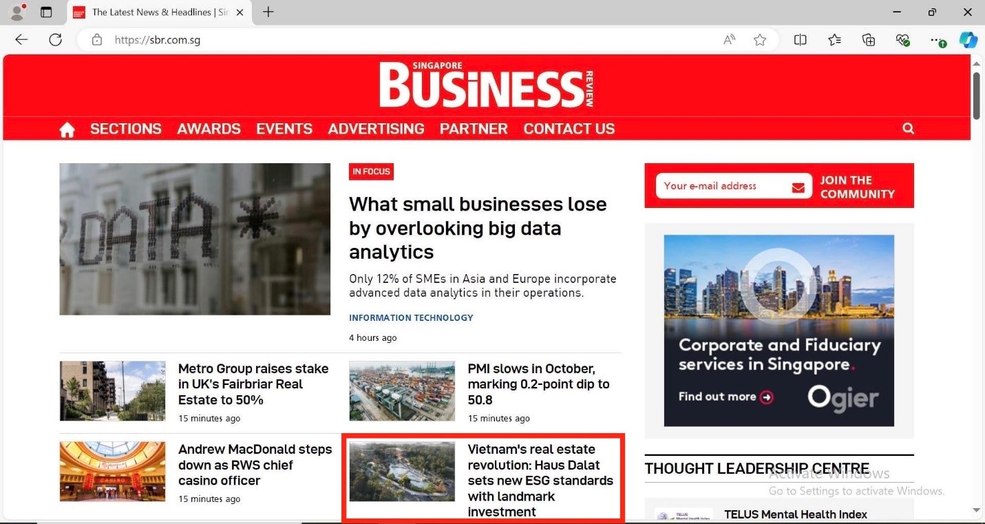 Tổ hợp bất động sản ESG đầu tiên tại Việt Nam xuất hiện trên Singapore Bussiness Review.