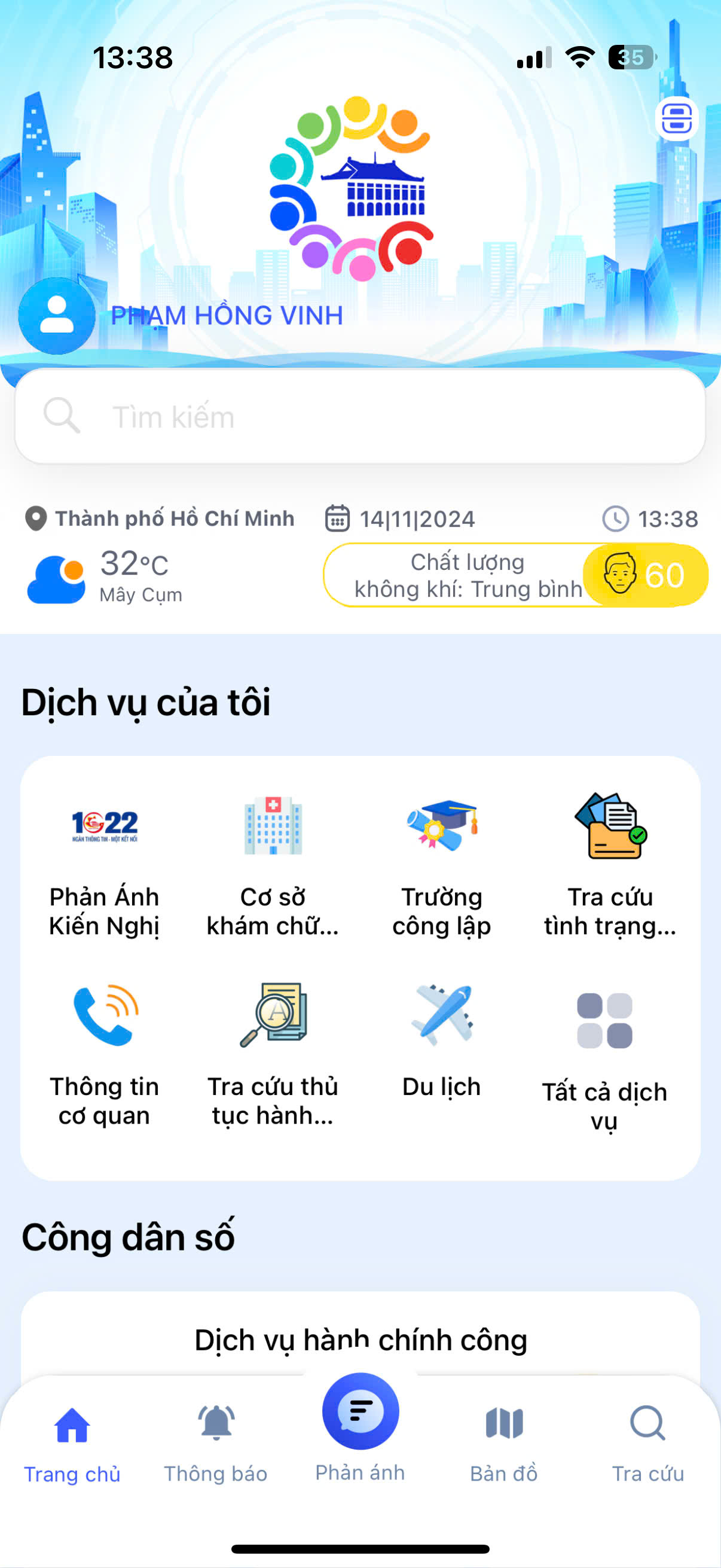 Giao diện trang chủ app Công dân số được đăng nhập bằng VNeID cá nhân - Ảnh minh họa.