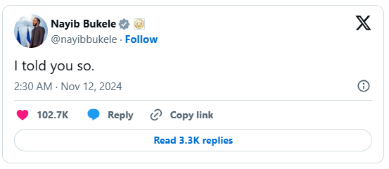 Chia sẻ của &ocirc;ng Bukele tr&ecirc;n X.