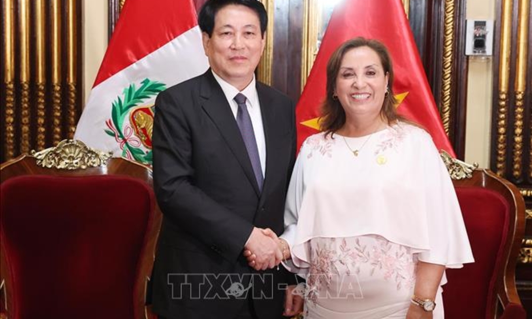 Chủ tịch nước Lương Cường và Tổng thống Peru Dina Ercilia Boluarte Zegarra đến hội đàm - Ảnh: TTXVN