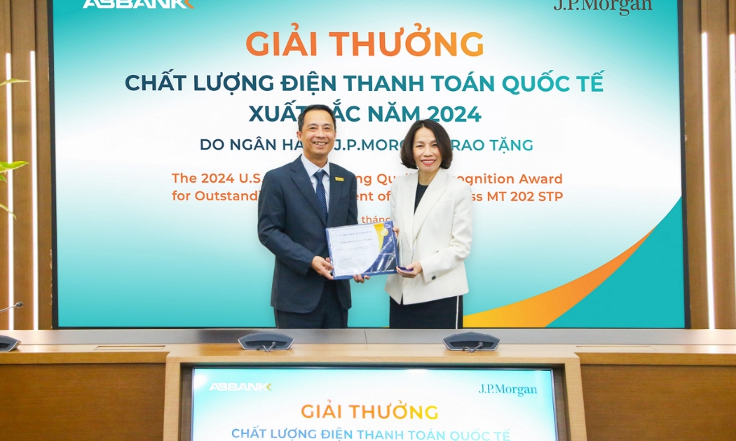 ABBANK nhận giải “Chất lượng điện Thanh toán quốc tế xuất sắc 2024” từ JP Morgan với thành tích tỉ lệ điện thanh toán quốc tế đạt chuẩn năm 2024 lên tới 98%.
