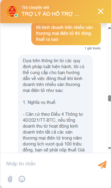 M&ocirc; phỏng hỏi đ&aacute;p trợ l&yacute; AI về nộp thuế.&nbsp;