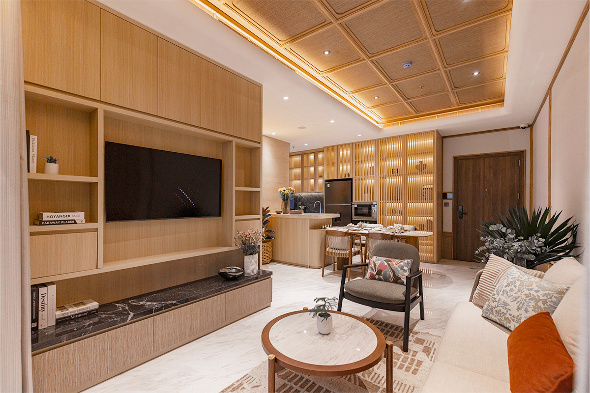 Căn hộ 2 phòng ngủ được thiết kế với layout tối ưu không gian sử dụng. Phòng khách lớn là nơi cả gia đình cùng quây quần cùng nhau.