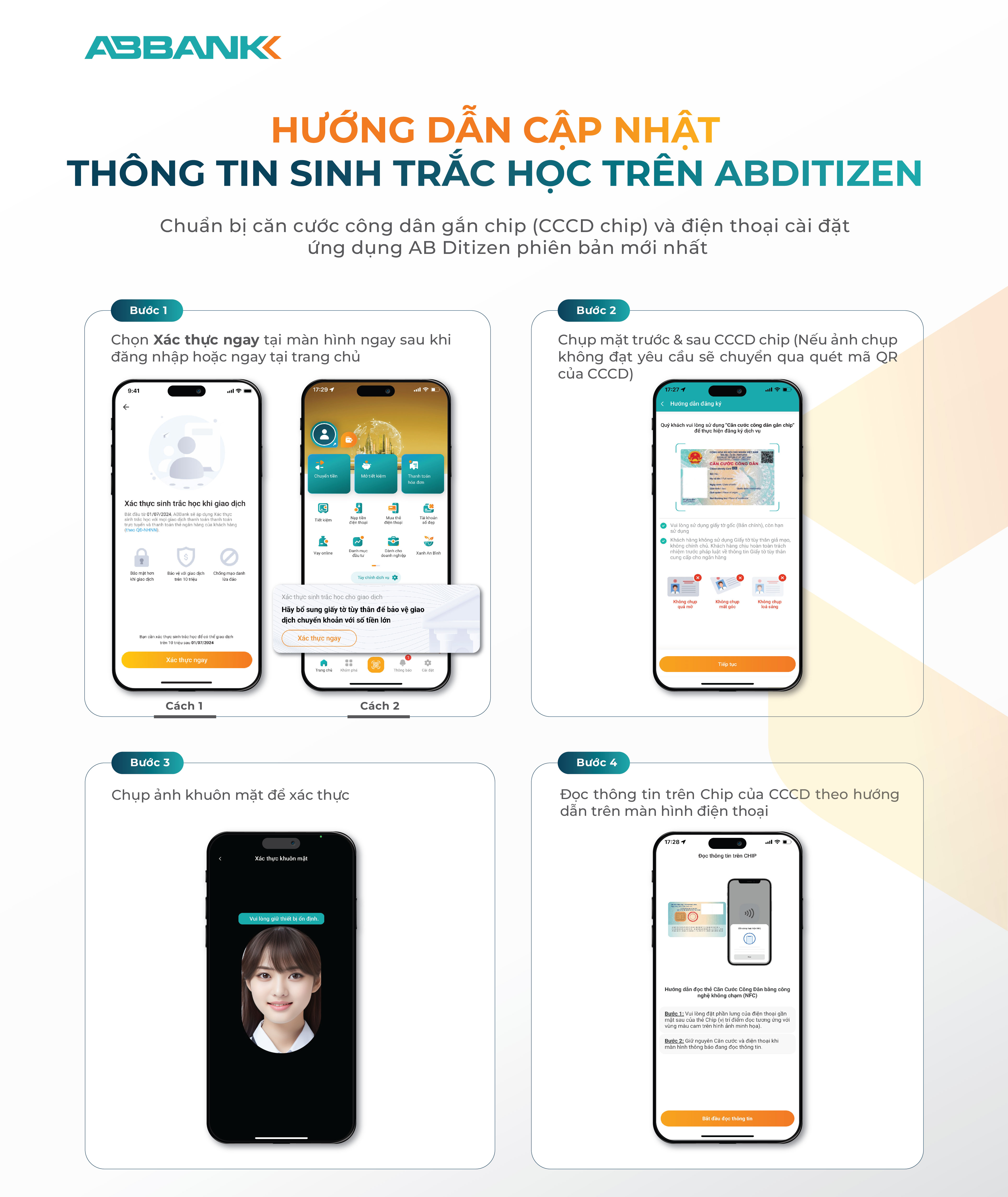 Khách hàng có thể tự thao tác cập nhật thông tin sinh trắc học tại ABBANK thông qua ứng dụng AB Ditizen.