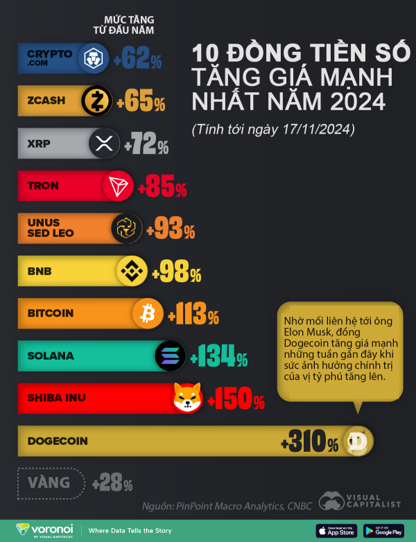 10 đồng tiền số tăng giá mạnh nhất từ đầu năm 2024 - VnEconomy