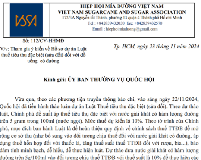 Công văn của Hiệp hội Mía đường Việt Nam.