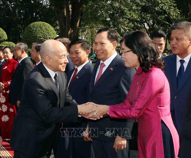 Quốc vương Campuchia Norodom Sihamoni bắt tay c&aacute;c th&agrave;nh vi&ecirc;n đo&agrave;n Việt Nam tại lễ đ&oacute;n - Ảnh: TTXVN