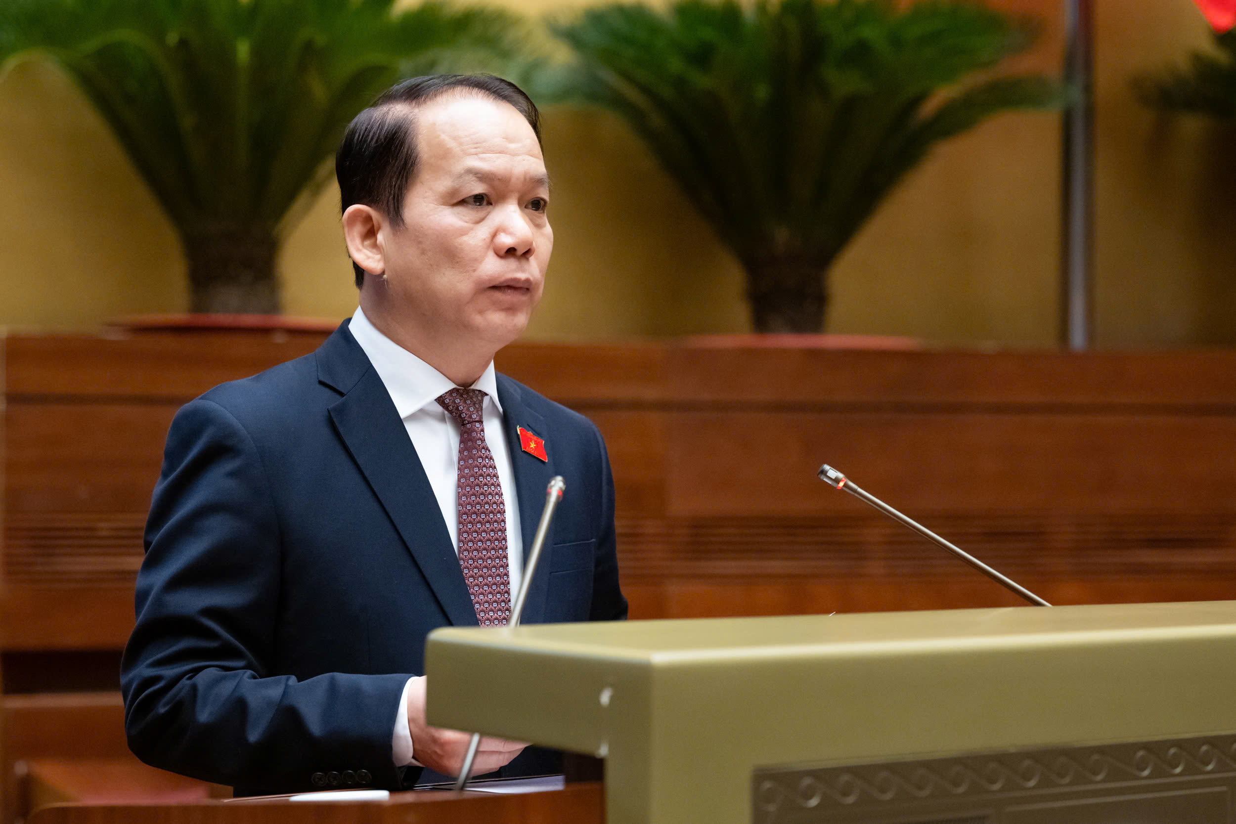 Chủ nhiệm Ủy ban Pháp luật Hoàng Thanh Tùng báo cáo tiếp thu, giải trình về dự thảo Nghị quyết trước Quốc hội. Ảnh: Quochoi.vn.