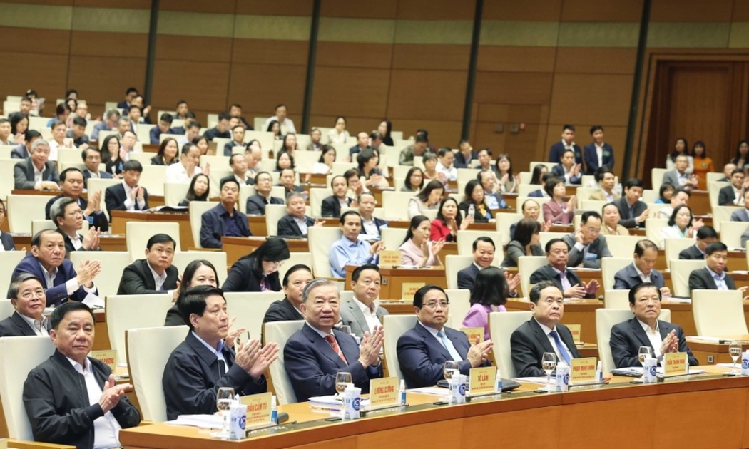 Tổng Bí thư Tô Lâm cùng các lãnh đạo Đảng, Nhà nước và đại biểu tham dự hội nghị tại điểm cầu hội trường Diên Hồng, Nhà Quốc hội. (Ảnh: Thống Nhất/TTXVN)