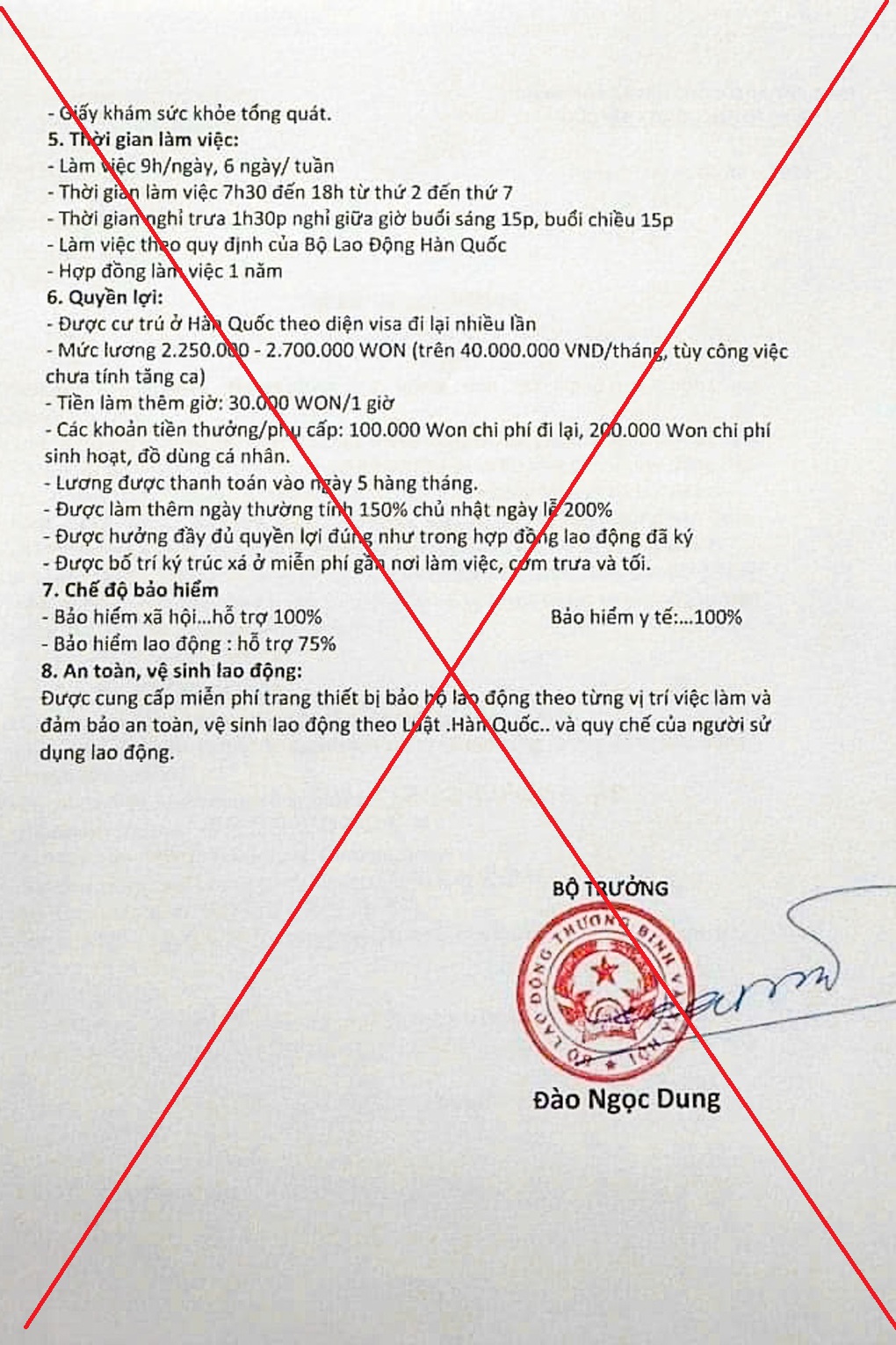 Đối tượng giả mạo văn bản có chữ ký của Bộ trưởng Bộ Lao động - Thương binh và Xã hội. Nguồn: Trung tâm Lao động ngoài nước.