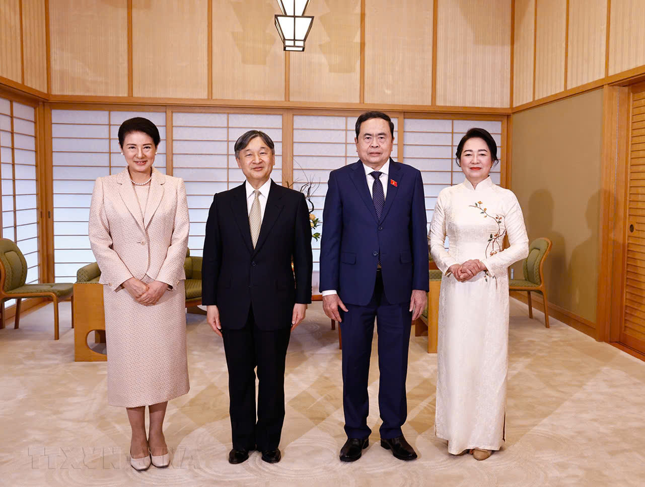 Chủ tịch Quốc hội Trần Thanh Mẫn và Phu nhân hội kiến Nhà vua Naruhito cùng Hoàng hậu Masako - Ảnh: TTXVN