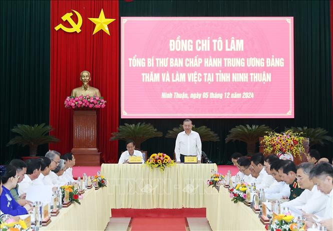 Tổng Bí thư Tô Lâm phát biểu tại buổi làm việc với tỉnh Ninh Thuận. Ảnh: TTXVN