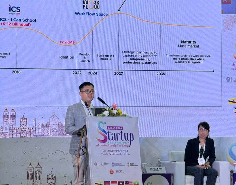 Nguyễn Đình Quý, nhà sáng lập startup WorkFlow, trình bày ý tưởng tại lễ hội startup Ấn Độ - ASEAN ở New Delhi hôm 29/11 - Ảnh: Kiều Oanh.