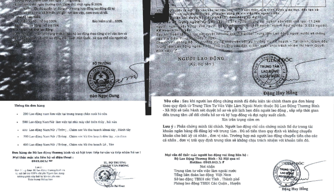 Văn bản giả mạo chữ ký, con dấu của lãnh đạo Bộ Lao động - Thương binh và Xã hội, và Trung tâm Lao động ngoài nước. Ảnh: MOLISA.